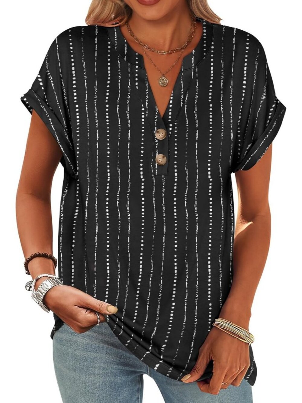 Women's White Black Strip V Neck Button Short Sleeve Henley Summer Casual Top